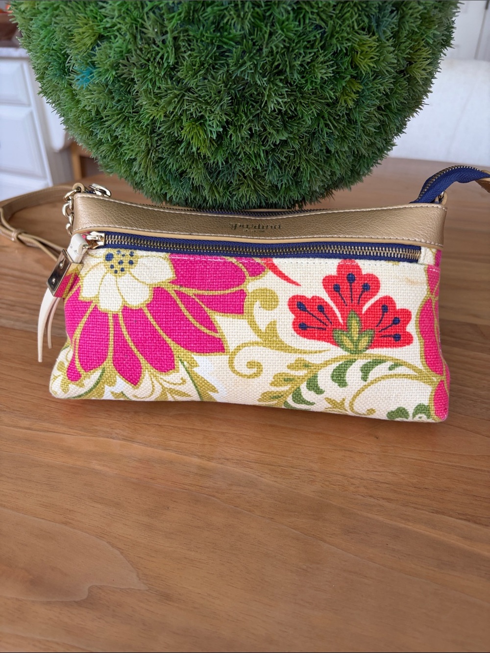 Spartina 449 Floral Canvas Wristlet in Pink, Red, Gold & Navy